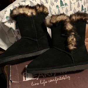 Bear Paw Black Suede Short Fur-Lined Boots